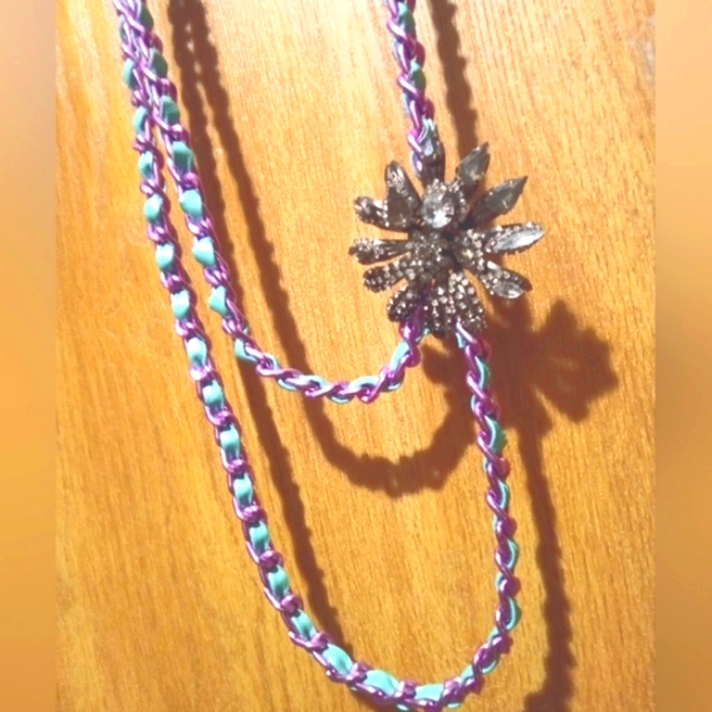 Rare Erickson Beamon Turquoise Leather Purple Chain 2009 Flower Necklace
